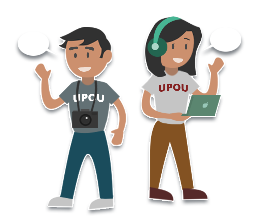 A girl and a boy waving their hand with their cameras and laptop and UPOU shirt